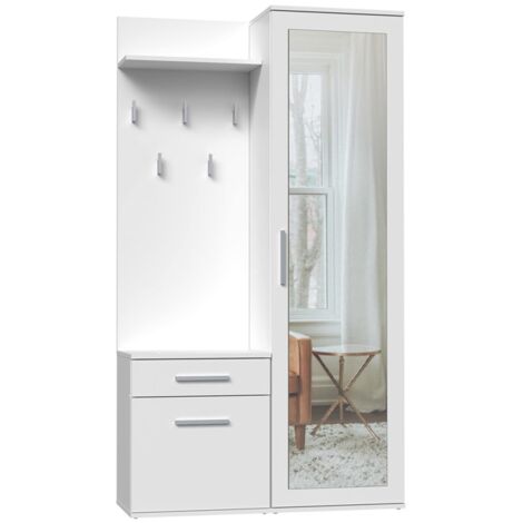 Topeshop – Armoire duo avec miroir – Penderie blanche mat – 5 cintres et tiroir – Installation flexible gauche/droite