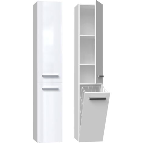 Colonne de salle de bain Nel IV – Blanc brillant – Finition soignée – Portes longues avec panier – Style universel