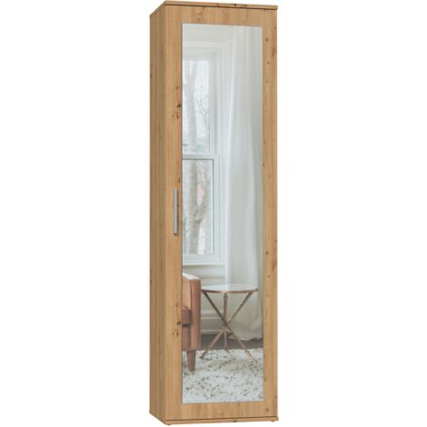 Topeshop – Armoire Duo avec miroir – Chêne artisan – 2 étagères et support pour cintres – Montage portes gauche ou droit