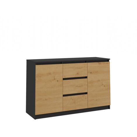 Commode moderne 2 portes 3 tiroirs 120 cm – Anthracite et chêne artisan – Design minimaliste sans poignées – Corps en panneaux de particules