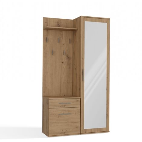 Topeshop – Armoire Duo avec miroir 180x50x35 cm – Chêne artisan – 5 cintres et étagère – Tiroir pratique – Montage flexible