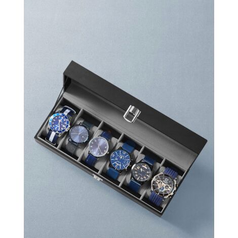Mondeer Boîte à Montres Pour 6 Montres Avec Fenêtre En Verre - Cuir Synthétique Noir 34,5 X 11 X 8,5 Cm