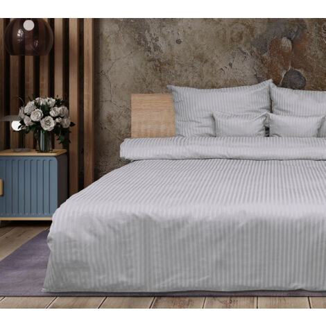 Literie damassé gris, rayures 1 cm 220x200 +2x70x80 pur coton MATEX (1/5)