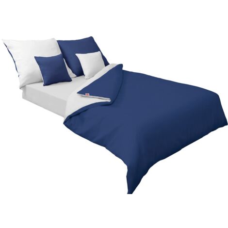 Literie satin double face 160x200 +2x70x80 blanc/bleu marine MATEX (1/4)