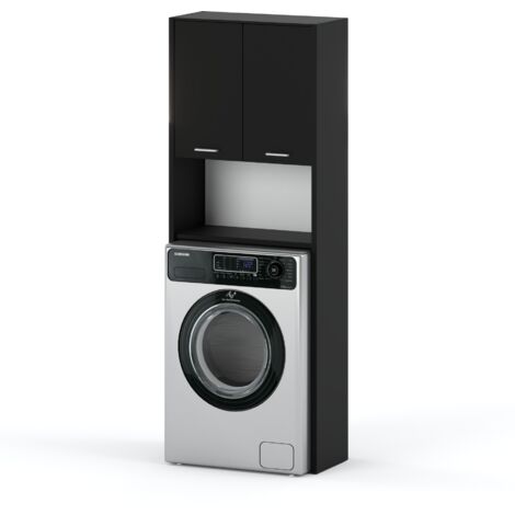 Meuble de salle de bain noir mat 64 cm – Hauteur 165 cm – 2 étagères – Montage facile – Design moderne pour espaces réduits