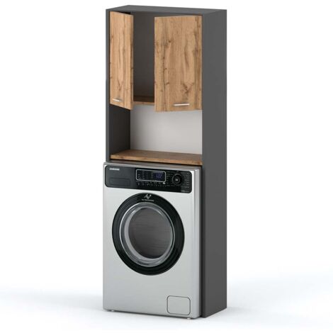 Meuble de salle de bain sur pied chêne gris – Meuble pour machine à laver 64 cm – Construction en panneau stratifié – Rangement spacieux (1/5)