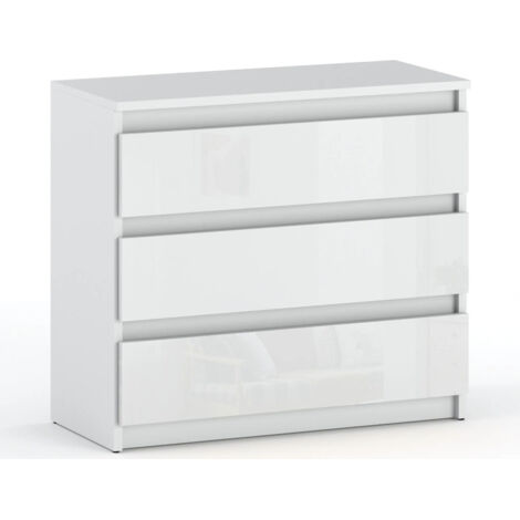 Commode enfant 3 tiroirs blanche brillante 80 cm – Panneau stratifié – Façades sans poignées – Glissières à billes silencieuses