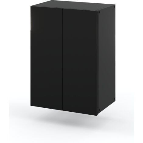 Meuble de salle de bain suspendu noir 40 cm – 2 étagères – Montage facile – Façades sans poignées – Panneau stratifié durable