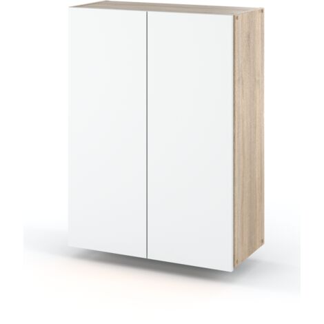 Meuble de salle de bain mural 60 cm en chêne sonoma – Façade blanche mate – 2 étagères – Installation rapide et facile