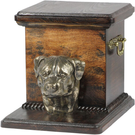Urne funéraire pour Rottweiler avec statuette, une urne élégante et unique ornée d'un buste de chien, signée Art-Dog. (1/5)