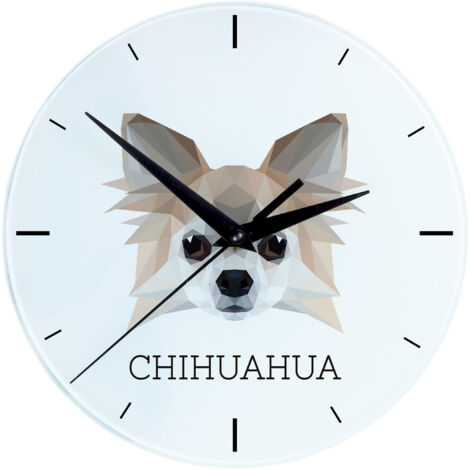 Chihuahua à poil long - horloge murale géométrique avec photo et inscription par Art-Dog (1/4)