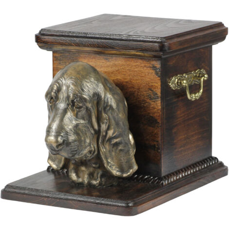 Urne funéraire pour chien Basset Hound avec statuette, une urne élégante et unique ornée d'un buste de chien, signée Art-Dog. (1/5)