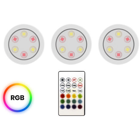 Lot de 3 lampes sous meuble blanches rondes Ø7,5 cm, à intensité variable, télécommande, alimentation USB-C, LED RGB 0,6 W, couleurs changeables, JOJO Eko-Light (1/5)
