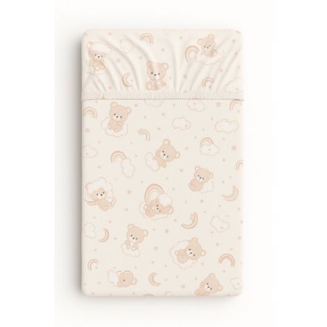 Drap housse en coton pour berceau 120x60 cm - Ourson beige avec arc-en-ciel (1/4)