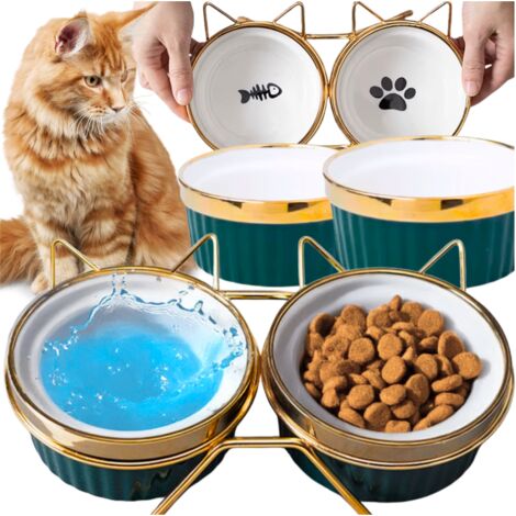 Lot de 2 gamelles doubles de 300 ml pour chat et chien sur pied, en céramique, oreilles dorées, PetJet