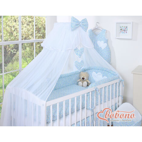 Grande moustiquaire pour lit de bébé en mousseline blanche avec des cœurs et un nœud - prairie bleue (1/4)