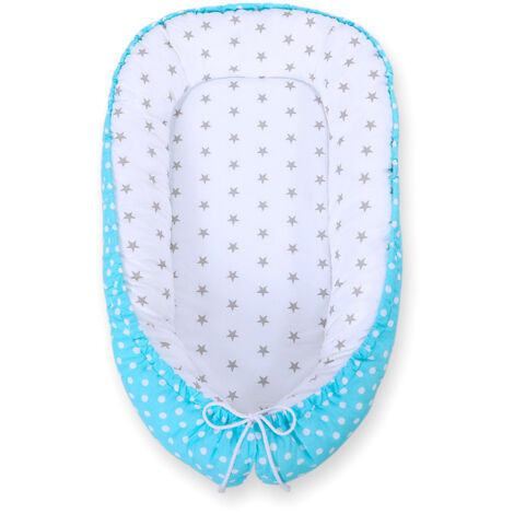 Cocon bébé, double face, parc, lange, Premium BOBONO - étoiles/pois gris sur turquoise (1/5)