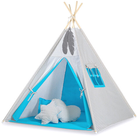 Tente tipi pour enfants + pendentifs en plumes - Carreaux gris-turquoise (1/5)