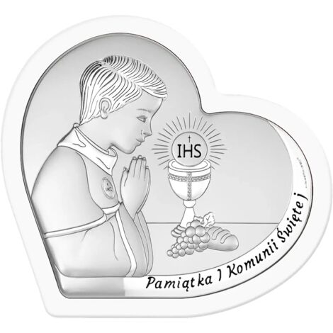 Photo en argent pour garçon. Souvenir de première communion dans un cadre blanc, cœur gravé (6800-OW), 9,5 x 9 cm. (1/5)