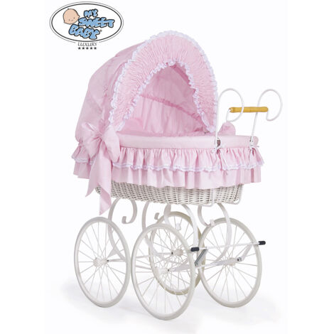 Panier Moïse rétro Victoria – Parure de lit enfant blanche et rose – Osier, métal, coton 100% – Dimensions L 108 cm, l 65 cm, H 93/140 cm