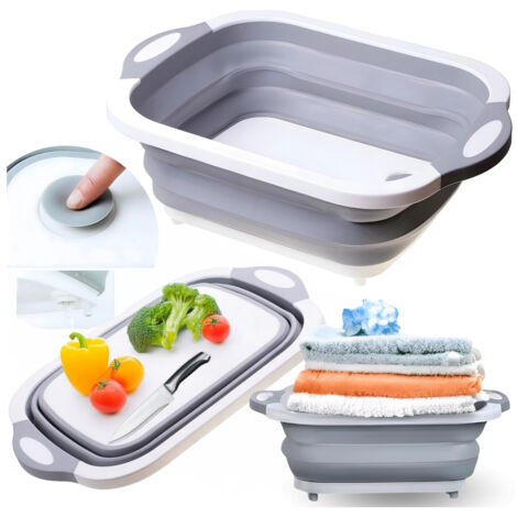 Bol pliable en silicone avec égouttoir, gris, pour légumes, linge, 6 l (1/5)