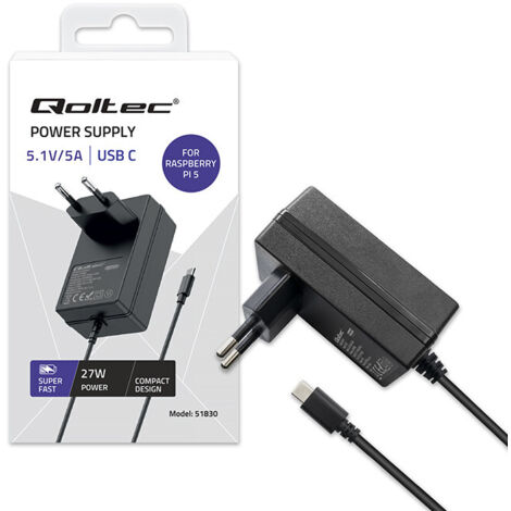 Chargeur Qoltec Super FAST PD pour Raspberry PI 5 USB-C 27 W 5,1 V 5 A Noir (1/5)