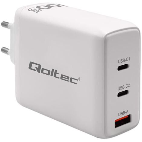 Chargeur mural Qoltec 100 W GaN  5-20 V  1,5-5 A  2 ports USB-C PD  1 port USB QC 3.0  Ordinateur portable  Smartphone  Blanc