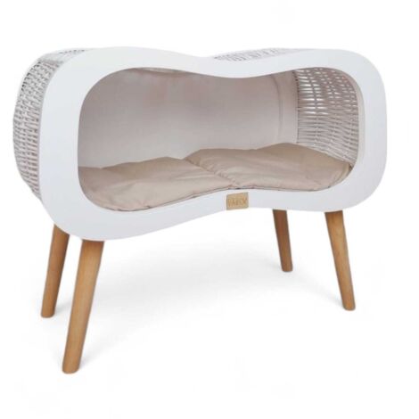 Panier pour chat Infinity exclusif en osier blanc sur pieds avec matelas. Élégante maison en osier tressé à la main pour animaux.