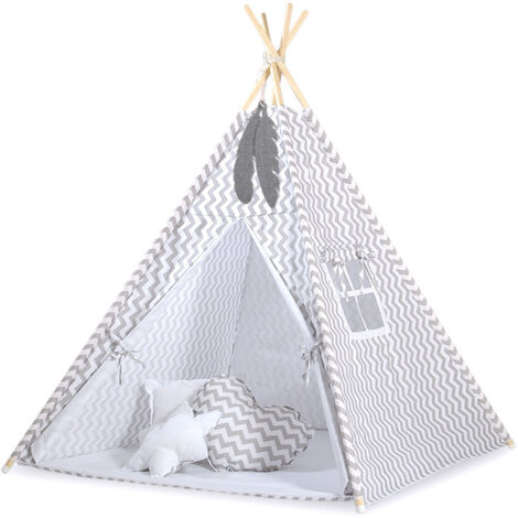 Tente Tipi pour enfants + Suspensions en plumes - Gris chevron