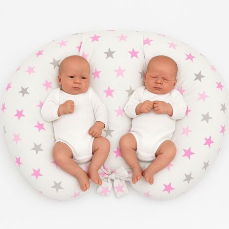 Coussin d'allaitement double + housse amovible - toiles grises et roses