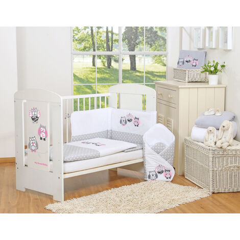 Parure de lit enfant 120x90cm avec tour de lit 3 pièces, hiboux gris, avec broderie grise et rose (1/4)