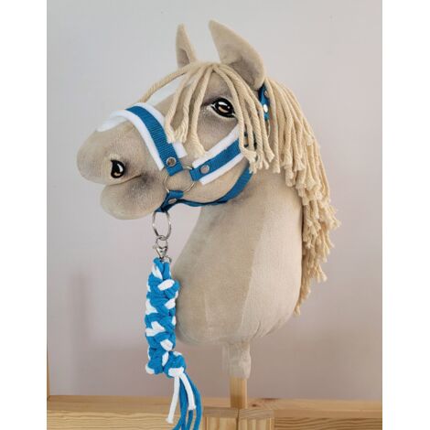 Ensemble Hobby Horse : Licol A3 avec fourrure blanche + laisse en corde - Blanc et turquoise (1/5)