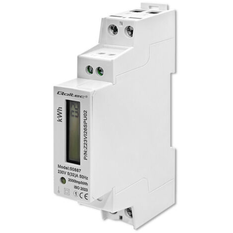 Compteur électronique monophasé Qoltec Compteur d'énergie sur rail DIN 230 V LCD 1P Slim (1/5)