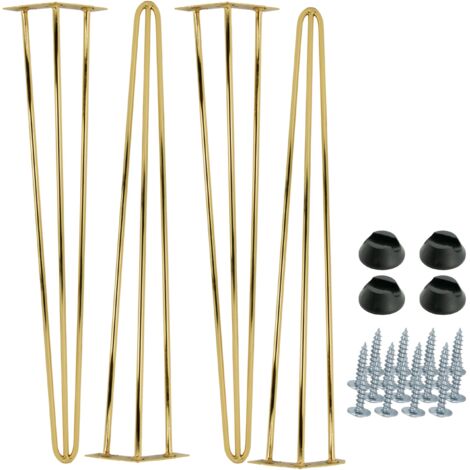 Lot de 4 pieds de meuble Hairpin 71 cm – Acier chromé doré – 3 tiges pour stabilité – Inclus : patins et vis de montage