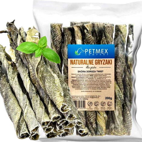 Friandise à mâcher naturelle pour chiens : Peau de cabillaud séchée torsadée Petmex 200 g (1/3)