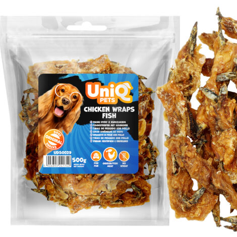 Friandises pour chiens, lanières de poisson enrobées de poulet UniQ Pets 500 g (1/5)