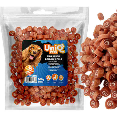 Friandises pour chiens : Rouleaux de sushi au lapin et à la morue (90 %) UniQ Pets 500 g (1/4)