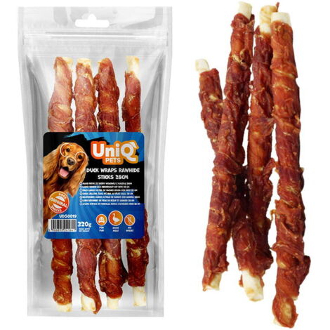 Friandises pour chiens, bâtonnets en cuir longs avec canard UniQ Pets 4 pièces. (1/4)