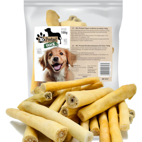 Délicatesse, mastication naturelle pour chiens Queues de bœuf avec peau Mr. Pretzel 100g (1/4)
