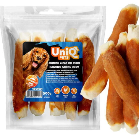 Friandises pour chiens, bâtonnets UniQ Pets sans peau au poulet 500 g (1/4)
