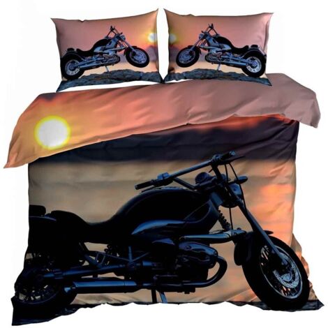 Parure de lit en satin de coton 3D 160x200cm, motif moto chopper au coucher du soleil (1/3)