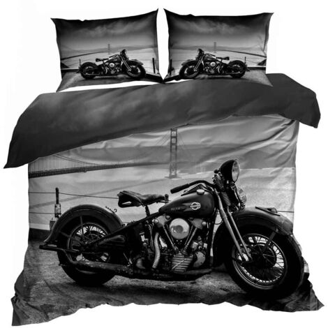 Parure de lit en satin de coton 3D 160x200cm MOTO CHOPPER NOIRE (1/3)