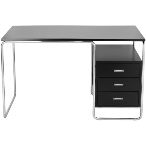 Bureau droit moderne noir – Plateau MDF stratifié – Piètement chromé – Armoire intégrée et 3 tiroirs – Inspiration Bauhaus (1/5)