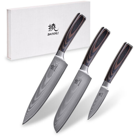 Shiori 3-Set 撓 Chairo Shōto + Santoku + Sifu - un ensemble de trois couteaux en acier Damas