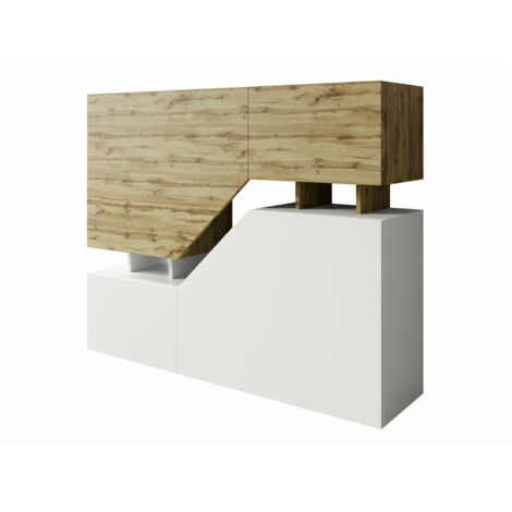 Mobilier1 – Buffet Daldune 101 en chêne wotan et blanc – Dimensions 100x120 cm – 4 portes avec système push to open – Stratifié durable