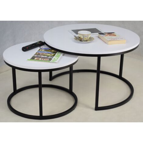 Ensemble de tables basses rondes vissées à partir de profilés 20x20, Noir Blanc Mat (1/5)