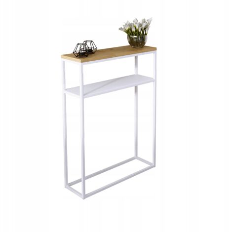 Console double 60x20 avec étagère métallique, hall en profilés 15x15, Blanc Mat, Chêne Lancelot