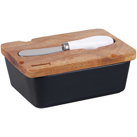 Beurrier en porcelaine noire avec couteau, couvercle en acacia, KLAUSBERG KB-7784 (1/5)