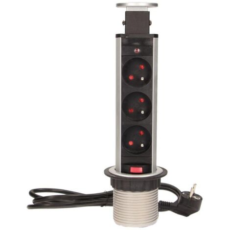 Prise pour meubles 6 cm, 3 x 250 V CA, extensible depuis le plan de travail, avec verrouillage et câble de 1,8 m, argent OR-AE-1347 (1/5)