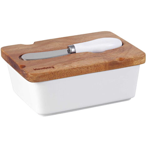 Beurrier en porcelaine blanche avec couteau, couvercle en acacia KLAUSBERG KB-7785 (1/5)